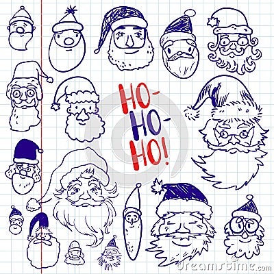 Funny doodle Santa face holiday icons collection. Hand kids draw Vector Illustration