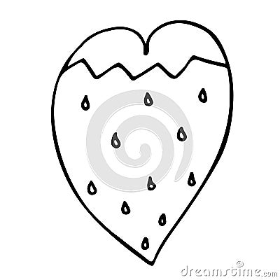 Funny doodle strawberry heart, black isolated vector element, outline drawing. Saint Valentins day. Vector Illustration