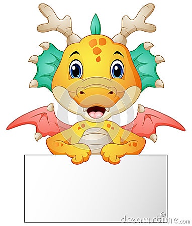 Funny dragon cartoon holding blank sign Vector Illustration