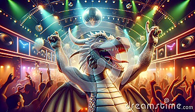 Funny dragon dancing in the nightclub party, entertaining people Stock Photo