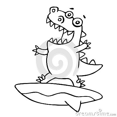 Funny dragon surfer caught a wave. Vector illustration. Vector Illustration