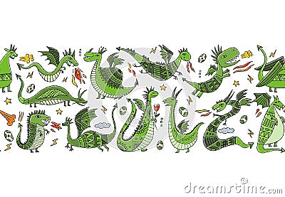 Funny Dragons family, seamless pattern background for your design. Symbol of Chinese New Year 2024 Vector Illustration