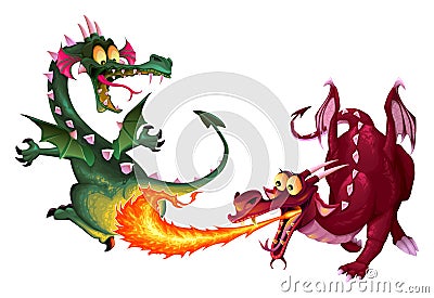 Funny dragons are playing with fire Vector Illustration