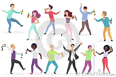 Funny drunk people set. Men and women with bottles of alcohol drinks isolated. Vector Illustration