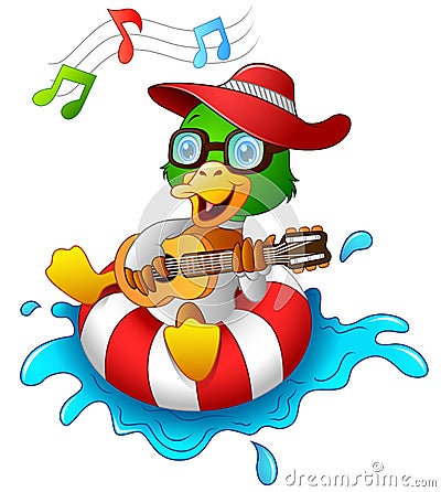 Funny duck cartoon enjoying on the lifebuoy with playing guitar and singing Vector Illustration