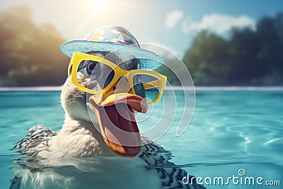 Funny duck having fun at a summer pool party Stock Photo