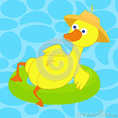 A funny duck swims on an inflatable circle in the lake. The duck put on a straw hat. Vector Illustration