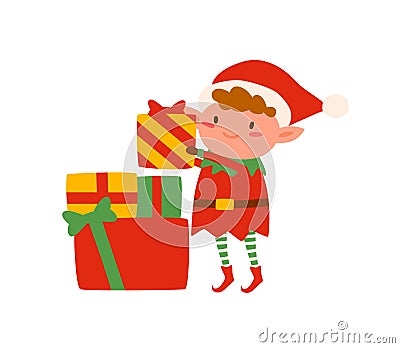 Funny dwarf elf with stack of Christmas gift boxes vector flat illustration. Adorable little Santa helper with heap of Vector Illustration