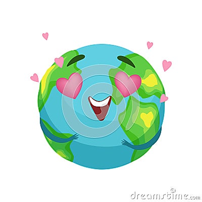 Funny Earth planet character with pink heart shaped eyes, cute globe with smiley face and hands vector Illustration Vector Illustration
