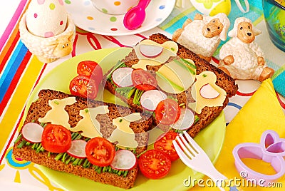 Funny easter breakfast for child Stock Photo