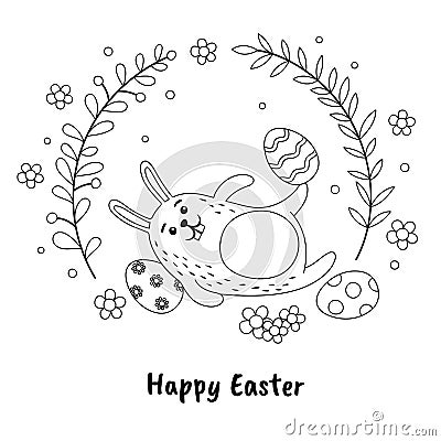 Funny Easter bunny and painted eggs in hand-drawn style. Black and white vector illustration. Vector Illustration