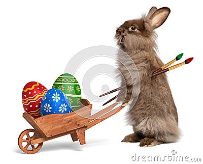 Funny Easter bunny rabbit with a wheelbarrow and some Easter egg Stock Photo