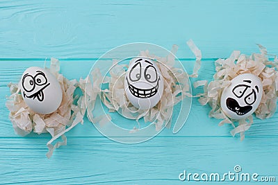 Funny Easter eggs with faces. Stock Photo