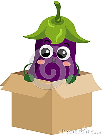 Funny eggplant mascot in cardboard box Vector Illustration