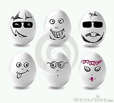 Funny eggs. This is image of funny eggs on white background. Faces on the eggs. Funny easter eggs Vector Illustration