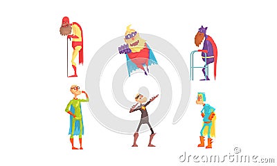 Funny Elderly Superheroes Collection, Senior Men Wearing Colorful Superhero Costumes Vector Illustration Vector Illustration