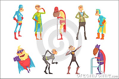 Funny elderly superman cartoon characters in action set of vector Illustrations Vector Illustration