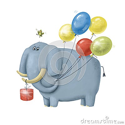 Funny elephant with air balloons, holiday illustration, birthday watercolor clipart Cartoon Illustration