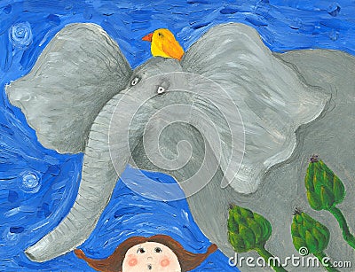 Funny elephant and surprised little girl Cartoon Illustration