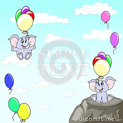 Funny elephants with balloons. Elephant with big ears flying on multi-colored balloons. The sky with clouds. Children postcard. Vector Illustration