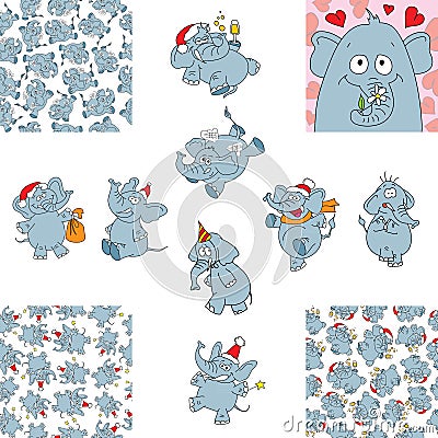 Funny elephants and seamless backgrounds Vector Illustration