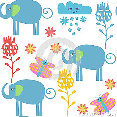 Funny elephants seamless pattern and seamless pattern in swatch menu, Vector Illustration
