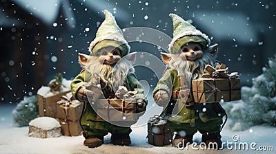 Funny elves carrying gifts on Christmas night, helpers of Santa Claus in winter, bearded characters on snow background. Concept of Cartoon Illustration