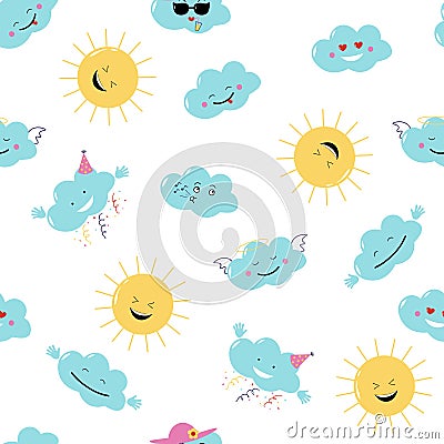 Funny emoji clouds and sun. Vector Seamless pattern Vector Illustration