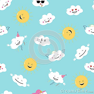 Funny emoji clouds and sun. Vector Seamless pattern Stock Photo