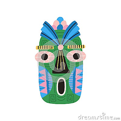 Funny ethnic tiki tribal mask with huge eyes and open mouth. Dreaded ancient ritual symbol or souvenir. Hand drawn flat Vector Illustration