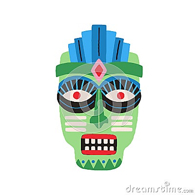 Funny ethnic zulu tribal mask showing teeth in anger. Dreaded ancient ritual symbol or souvenir. Drawn flat vector Vector Illustration