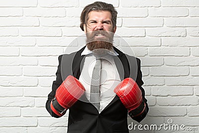 Funny excited businessman in boxing gloves. Disagreed business men, aggressive and angry while conflict. Stock Photo