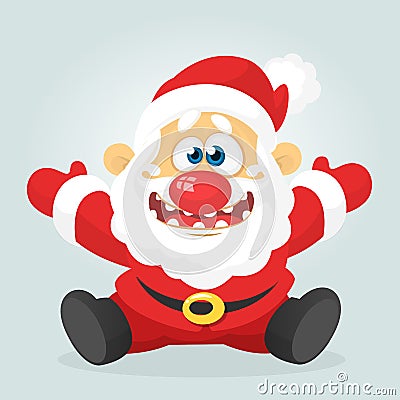 Funny excited cartoon Santa claus sitting. Vector Christmas illustration. Vector Illustration