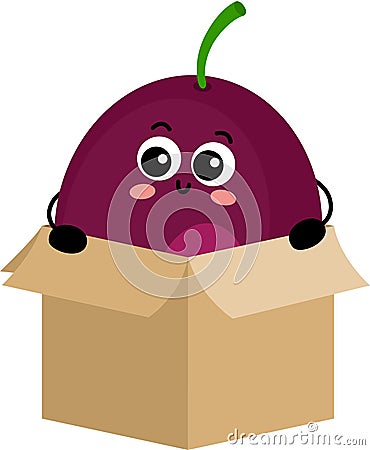 Funny exotic passion fruit mascot in cardboard box Vector Illustration