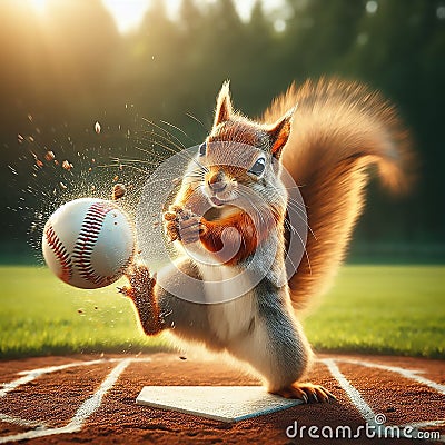 Funny expression squirrel catching baseballs Stock Photo