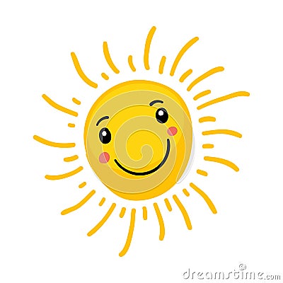Funny eyed Sun. Sunshine cute summer logo. Spring light emotion, doodle vector isolated on white background. Vector Illustration