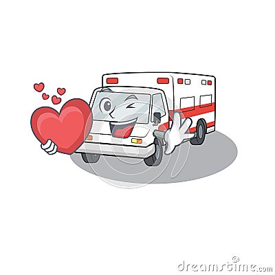 Funny Face ambulance cartoon character holding a heart Vector Illustration