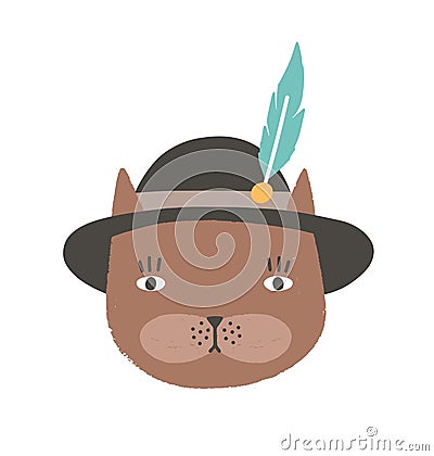 Funny face or head of cat wearing Tyrolean or Bavarian hat with feather. Cute cartoon muzzle of kitten isolated on white Vector Illustration