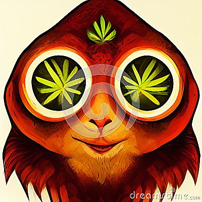 Funny muzzle tarsier. Cannabis leaves in the eyes. Cartoon tarsier monkey. AI-generated Stock Photo