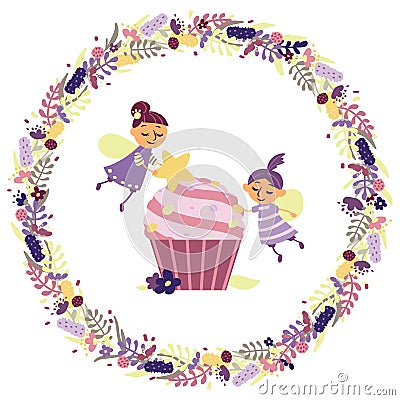 Funny fairies make a cupcake. Vector Illustration