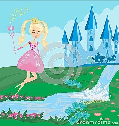 Funny fairy and a medieval castle Vector Illustration