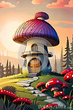 Funny fairytale mushroom house upon hill Cartoon Illustration