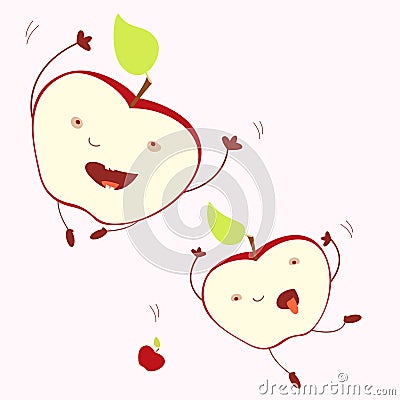 Funny falling joyful expression apple halves. Isolated illustration. Concept of harvest, joyful living, optimistic challeng Vector Illustration