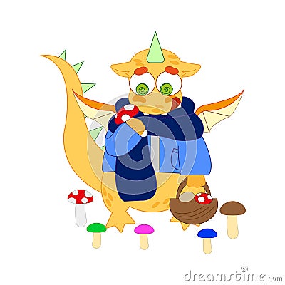 Funny fantasy character dragon gathers mushrooms. Vector Illustration