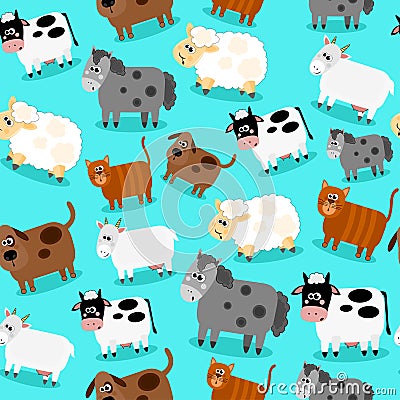 Funny farm animals and pets seamless collection Vector Illustration