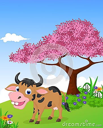 Funny farm with cow cartoon life background Stock Photo