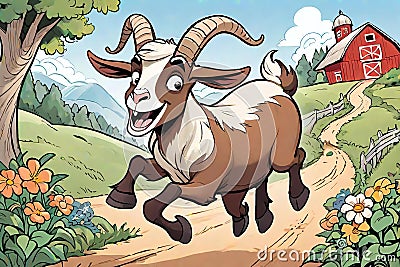 Funny farm goat running smiling cartoon character Stock Photo