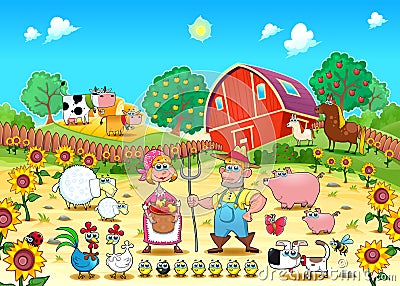 Funny farm scene with animals and farmers Vector Illustration