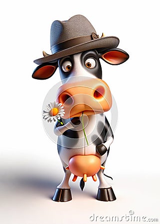 Funny fashion cow in hat and with flower Stock Photo