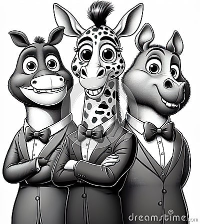 Funny and fashionable cartoon animals. Black and white illustration. Giraffe and two hippos Cartoon Illustration
